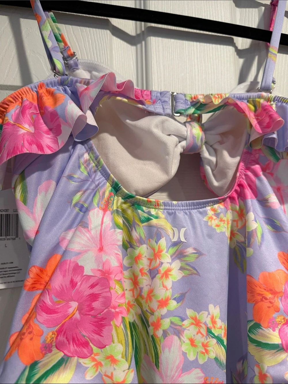 Hurley Lavender Floral Ruffle One-Piece Swimsuit with Pink & Orange Blooms